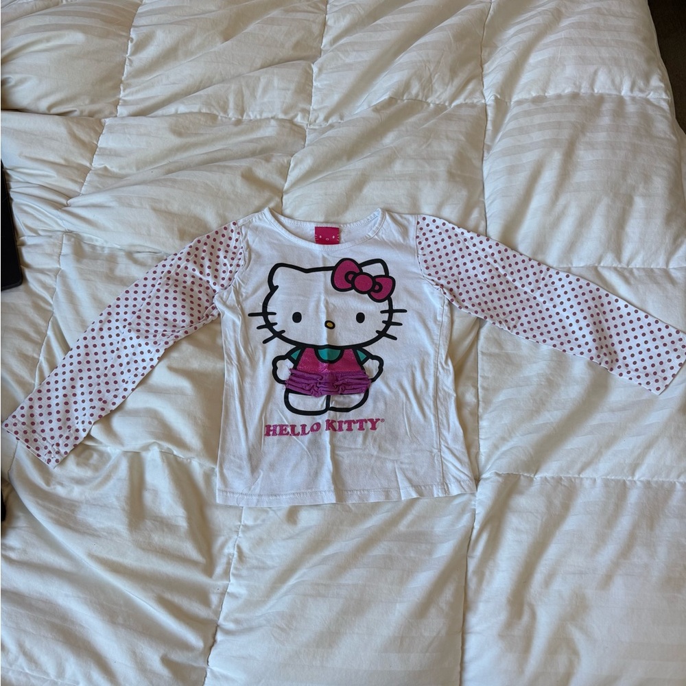 Hello Kitty White Long-Sleeve Tee with Pink Polka-Dot Sleeves